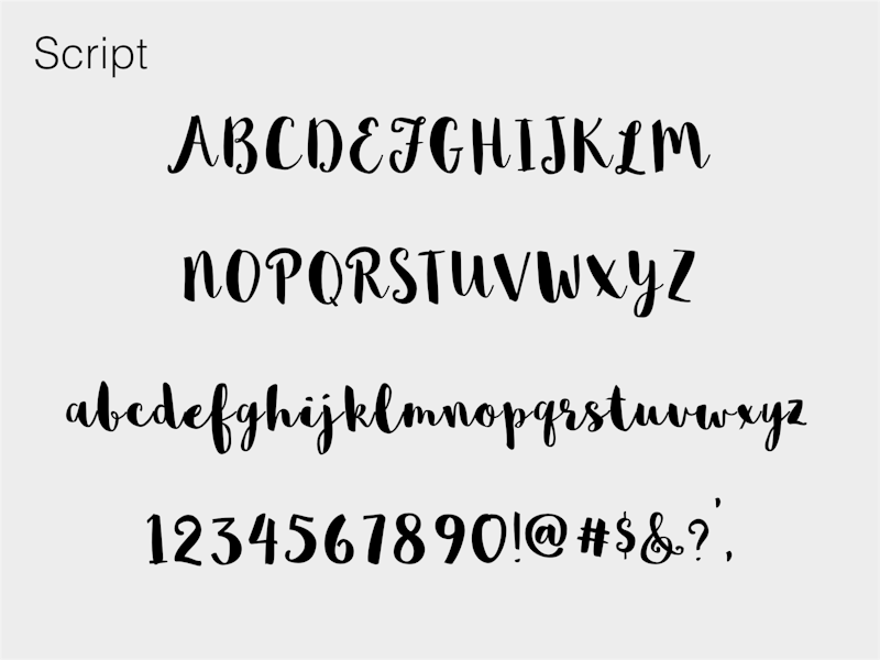 Script font preview of alphabet and numbers