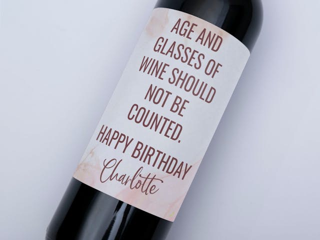 Happy Birthday Wine Label - Age and glasses of wine should not be counted, custom milestone birthday bottle label