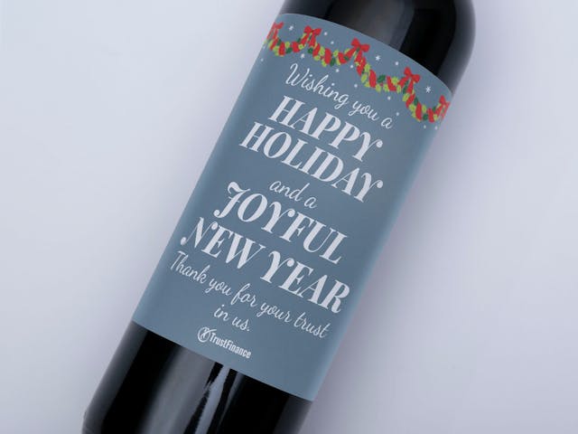 Festive Wine Label - Wishing you a happy holiday and a joyful new year, thank you message