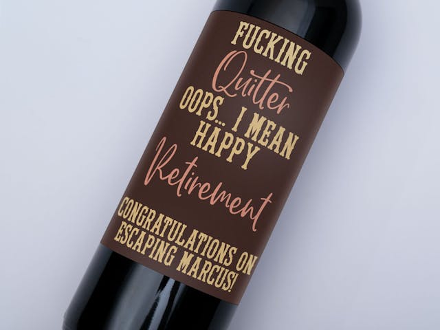 Retirement Wine Label - F*cking quitter, happy retirement, dark background version, custom message