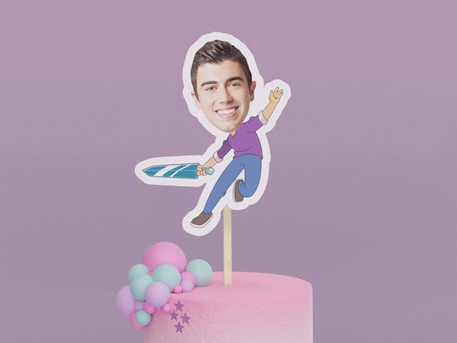 Cartoon Gamer with Sword Cake Toppers - Custom Birthday Party Cake Toppers, Party Decoration