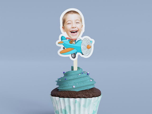 Cartoon Blue Plane Cupcake Toppers - Custom Birthday Party Cupcake Toppers, Aviation Airplane Party Decoration