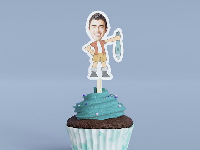 Cartoon Fisher Holding Fish Cupcake Toppers - Custom Birthday Party Cupcake Toppers, Party Decoration, Donut Cake Muffin Topper