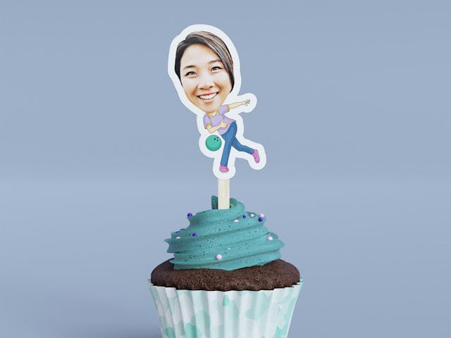 Cartoon Bowler with Green Bowling Ball Cupcake Toppers - Custom Birthday Party Cupcake Toppers, Party Decoration, Donut Cake Muffin Topper