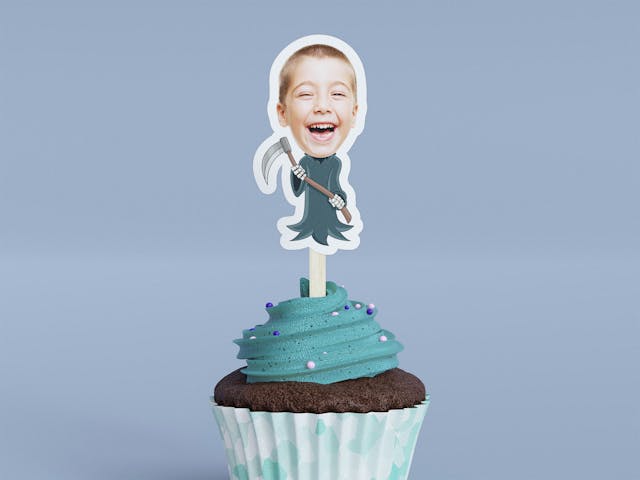 Cartoon Grim Reaper with Scythe in Front Cupcake Toppers - Custom Halloween Party Cupcake Toppers, Party Decoration, Donut Cake Muffin Topper