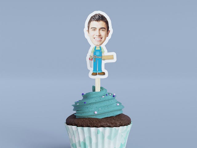 Cartoon Carpenter Holding Saw Cupcake Toppers - Custom Birthday Party Cupcake Toppers, Party Decoration, Donut Cake Muffin Topper