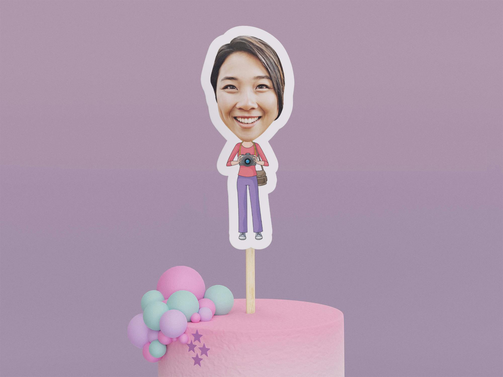 Cartoon Photographer with Pink Shirt Cake Toppers - Custom Birthday Party Cake Toppers, Party Decoration