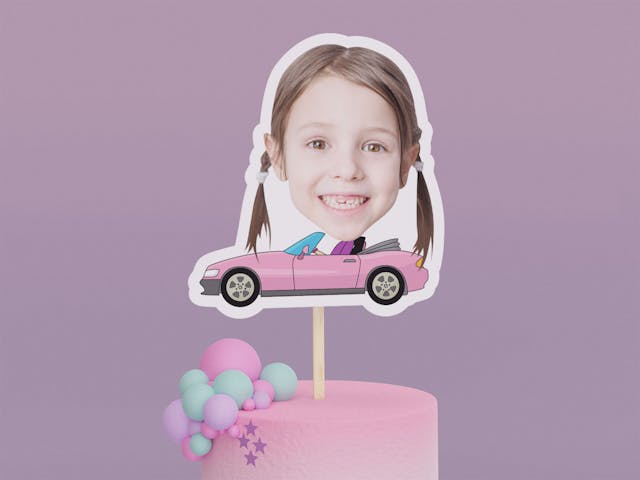 Cartoon Pink Car Cake Toppers - Custom Birthday Party Cake Toppers, Party Decoration