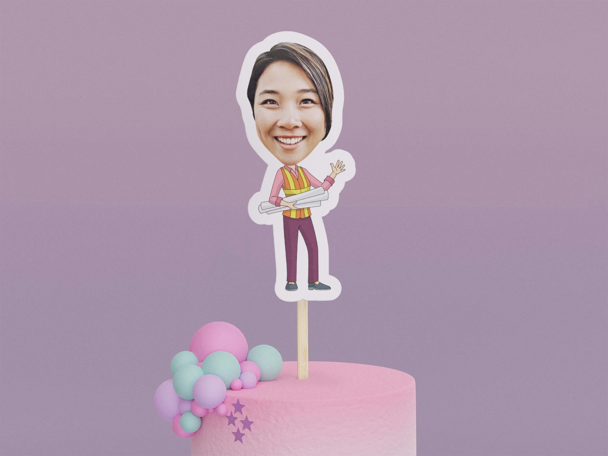 Cartoon Engineer with Pink Shirt Cake Toppers - Custom Birthday Party Cake Toppers, Party Decoration
