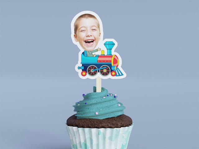 Cartoon Train Conductor with Green Shirt Cupcake Toppers - Custom Birthday Party Cupcake Toppers, Party Decoration, Donut Cake Muffin Topper