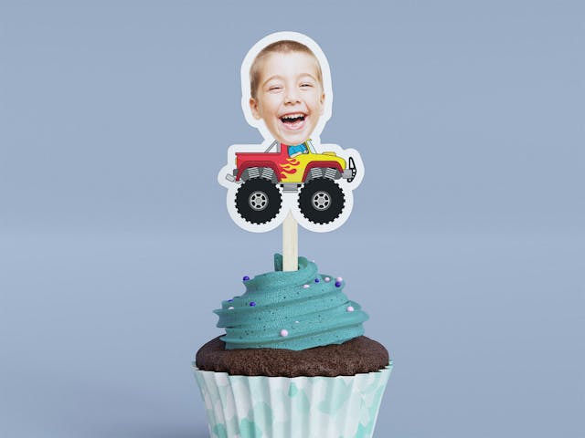 Cartoon Red and Yellow Monster Truck Cupcake Toppers - Custom Birthday Party Cupcake Toppers, Party Decoration, Donut Cake Muffin Topper
