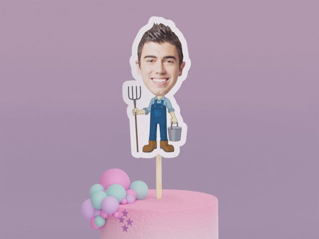 Cartoon Farmer with Blue Shirt Cake Toppers - Custom Birthday Party Cake Toppers, Party Decoration