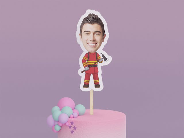 Cartoon Firefighter with Axe Cake Toppers - Custom Birthday Party Cake Toppers, Party Decoration