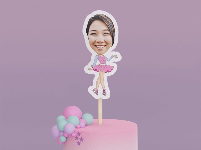 Cartoon Ice Skater with Pink Skirt Cake Toppers - Custom Birthday Party Cake Toppers, Party Decoration