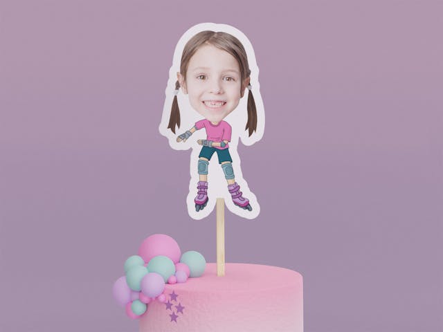 Cartoon Rollerblader with Pink Shirt Cake Toppers - Custom Birthday Party Cake Toppers, Party Decoration