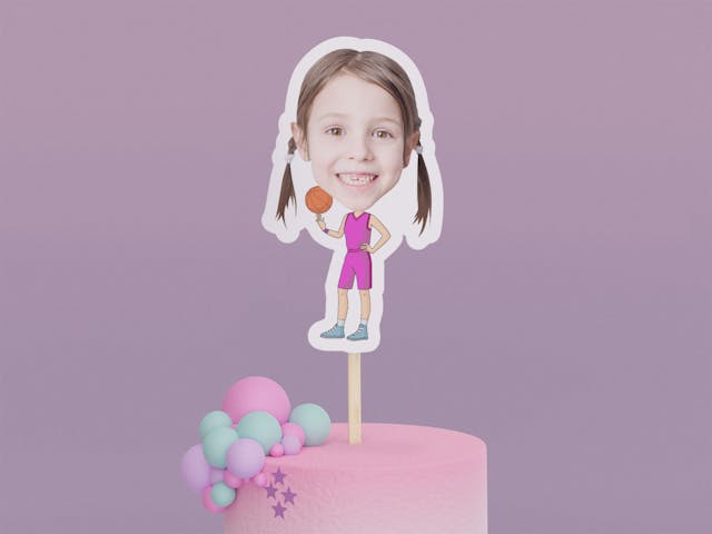 Cartoon Basketball Player with Pink Uniform Cake Toppers - Custom Birthday Party Cake Toppers, Party Decoration