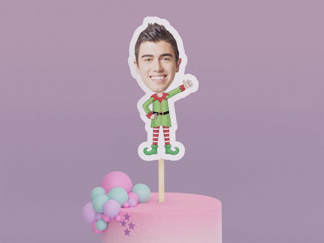 Cartoon Christmas Elf with Green Shirt Cake Toppers - Custom Holiday Party Cake Toppers, Party Decoration