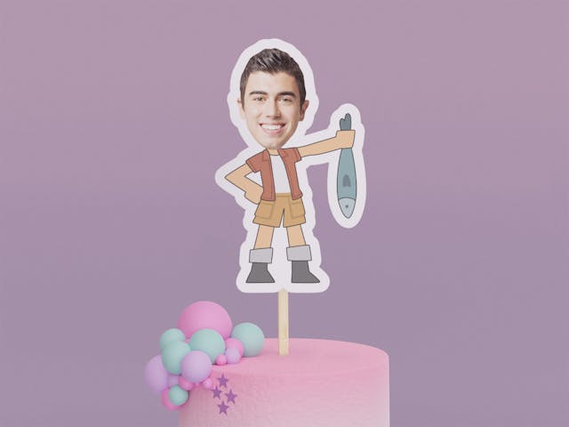 Cartoon Fisher Holding Fish Cake Toppers - Custom Birthday Party Cake Toppers, Party Decoration