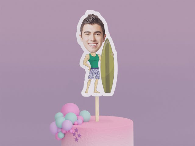 Cartoon Surfer with Green Board Cake Toppers - Custom Birthday Party Cake Toppers, Party Decoration