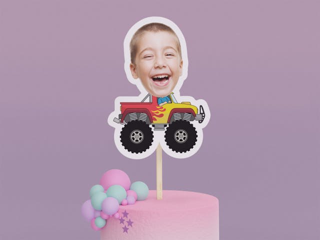 Cartoon Red and Yellow Monster Truck Cake Toppers - Custom Birthday Party Cake Toppers, Party Decoration