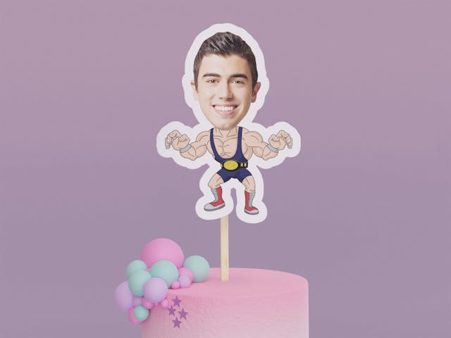 Cartoon Wrestler with Dark Blue Uniform Cake Toppers - Custom Birthday Party Cake Toppers, Party Decoration