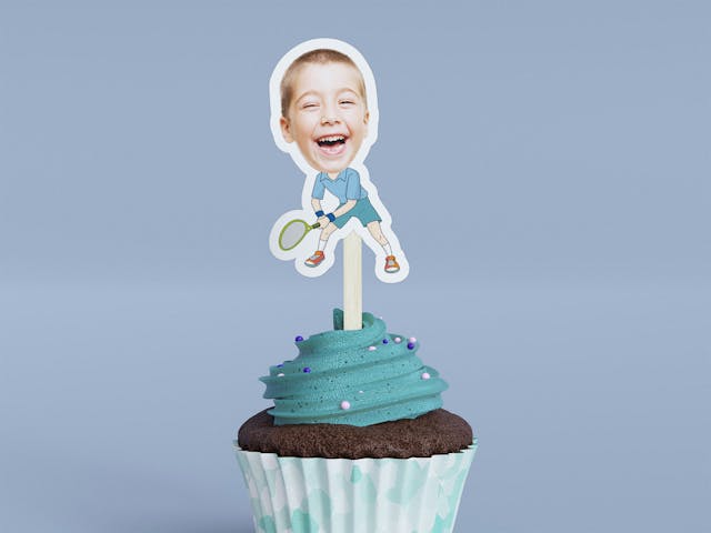Cartoon Tennis Player with Blue Shirt Cupcake Toppers - Custom Birthday Party Cupcake Toppers, Party Decoration, Donut Cake Muffin Topper