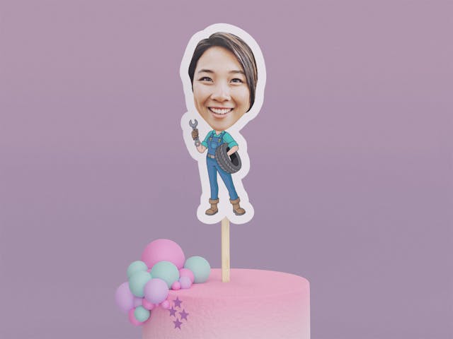 Cartoon Mechanic Holding Tire Cake Toppers - Custom Birthday Party Cake Toppers, Party Decoration