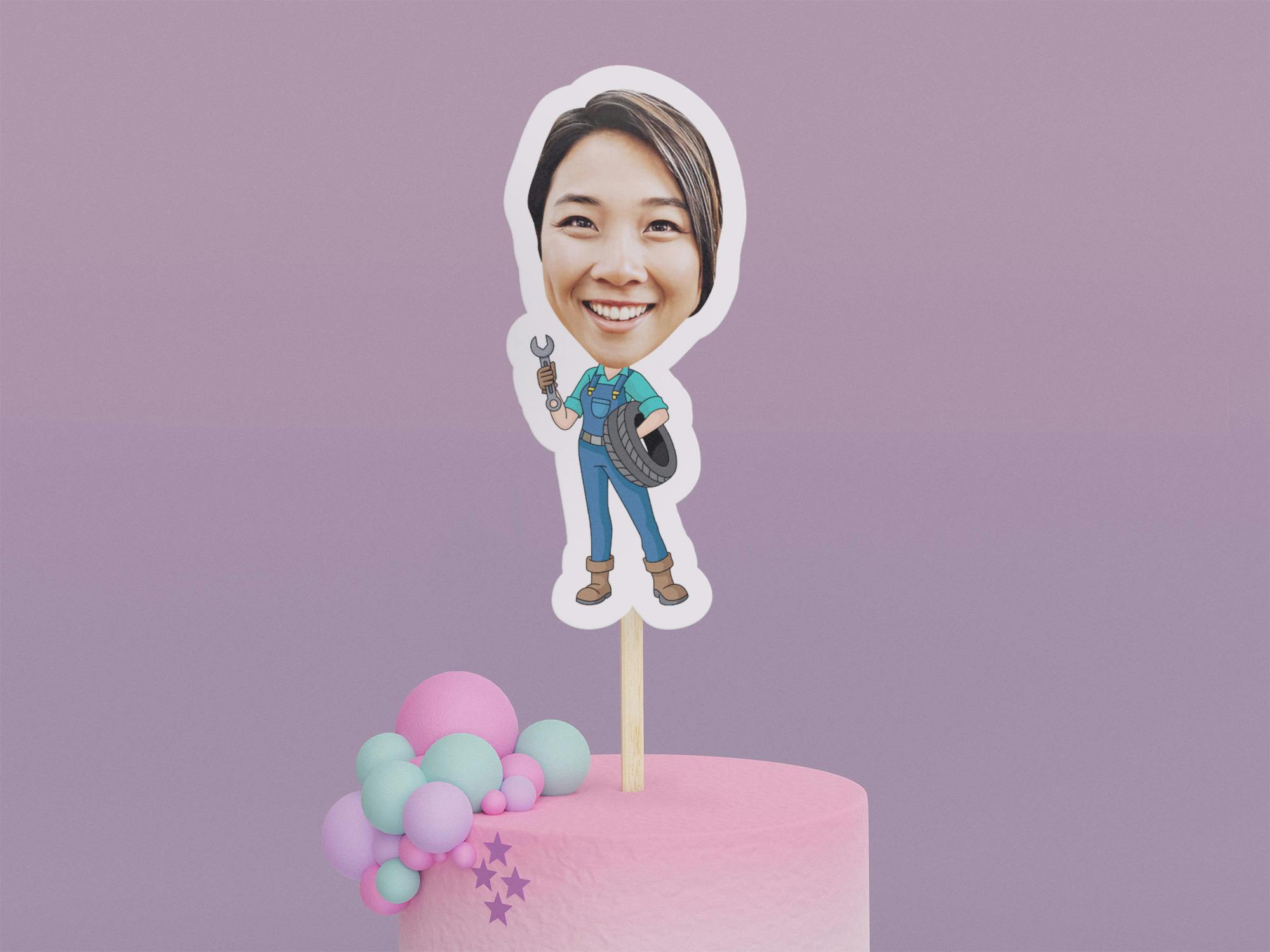 Cartoon Mechanic Holding Tire Cake Toppers - Custom Birthday Party Cake Toppers, Party Decoration