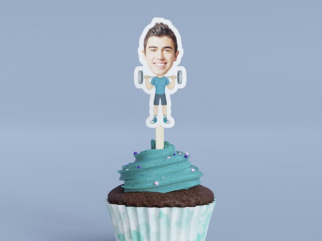 Cartoon Bodybuilder with Blue Shirt Cupcake Toppers - Custom Birthday Party Cupcake Toppers, Party Decoration, Donut Cake Muffin Topper