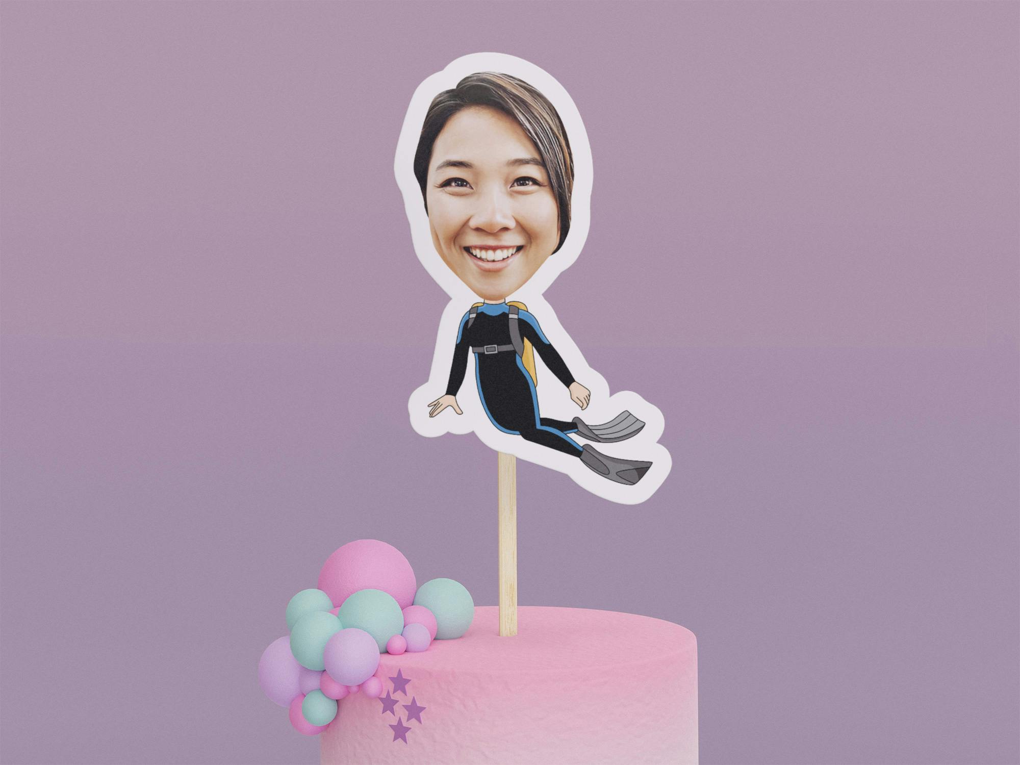 Cartoon Scuba Diver with Blue Stripes Cake Toppers - Custom Birthday Party Cake Toppers, Party Decoration