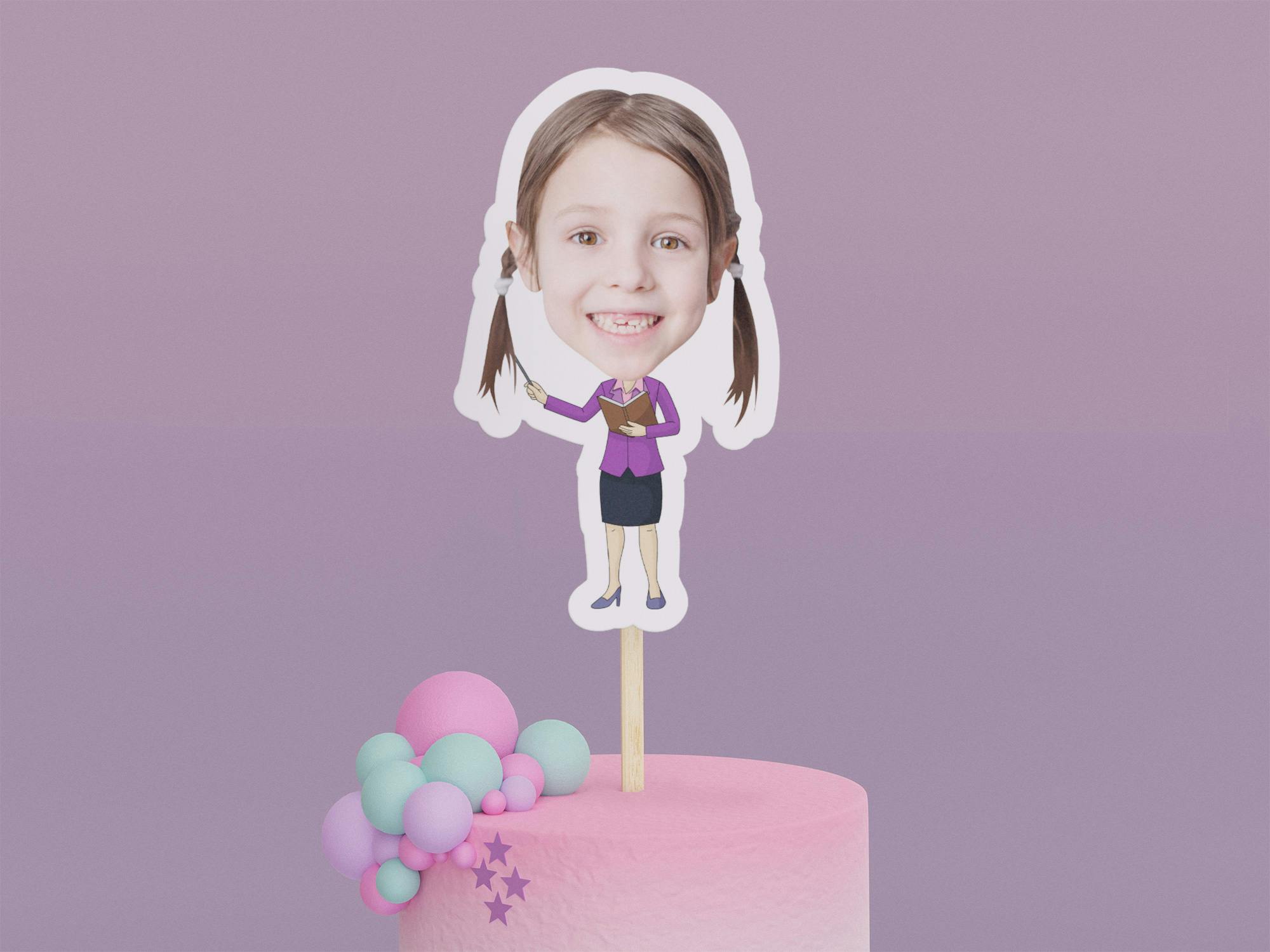 Cartoon Teacher with Purple Shirt Cake Toppers - Custom Birthday Party Cake Toppers, Party Decoration