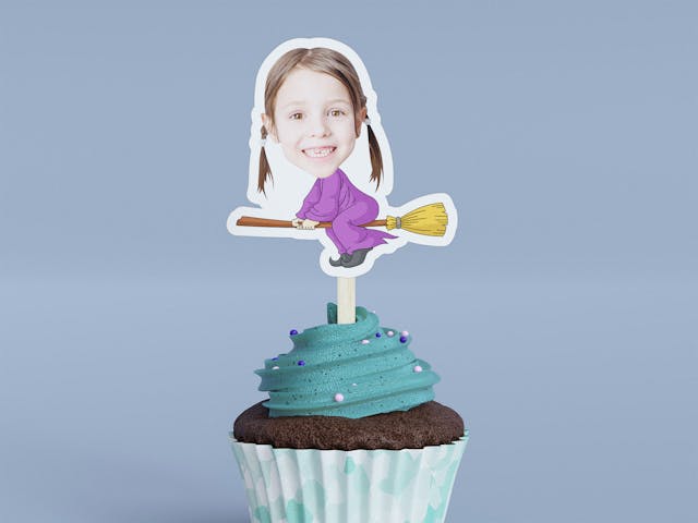 Cartoon Witch with Purple Robe Cupcake Toppers - Custom Halloween Party Cupcake Toppers, Party Decoration, Donut Cake Muffin Topper