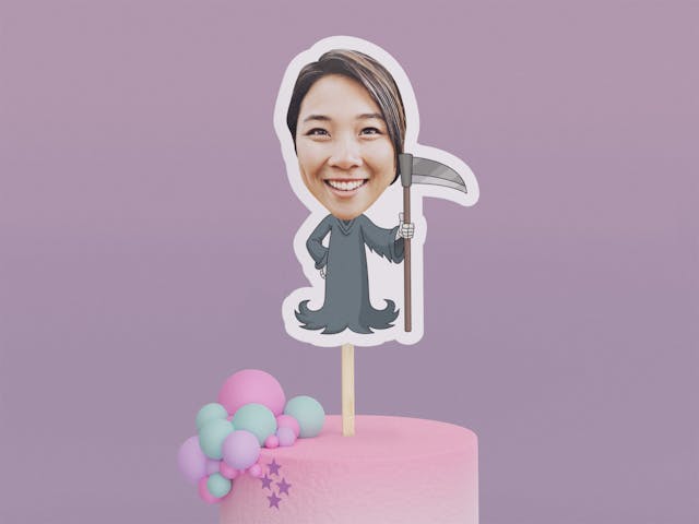 Cartoon Grim Reaper with Scythe to Side Cake Toppers - Custom Halloween Party Cake Toppers, Party Decoration