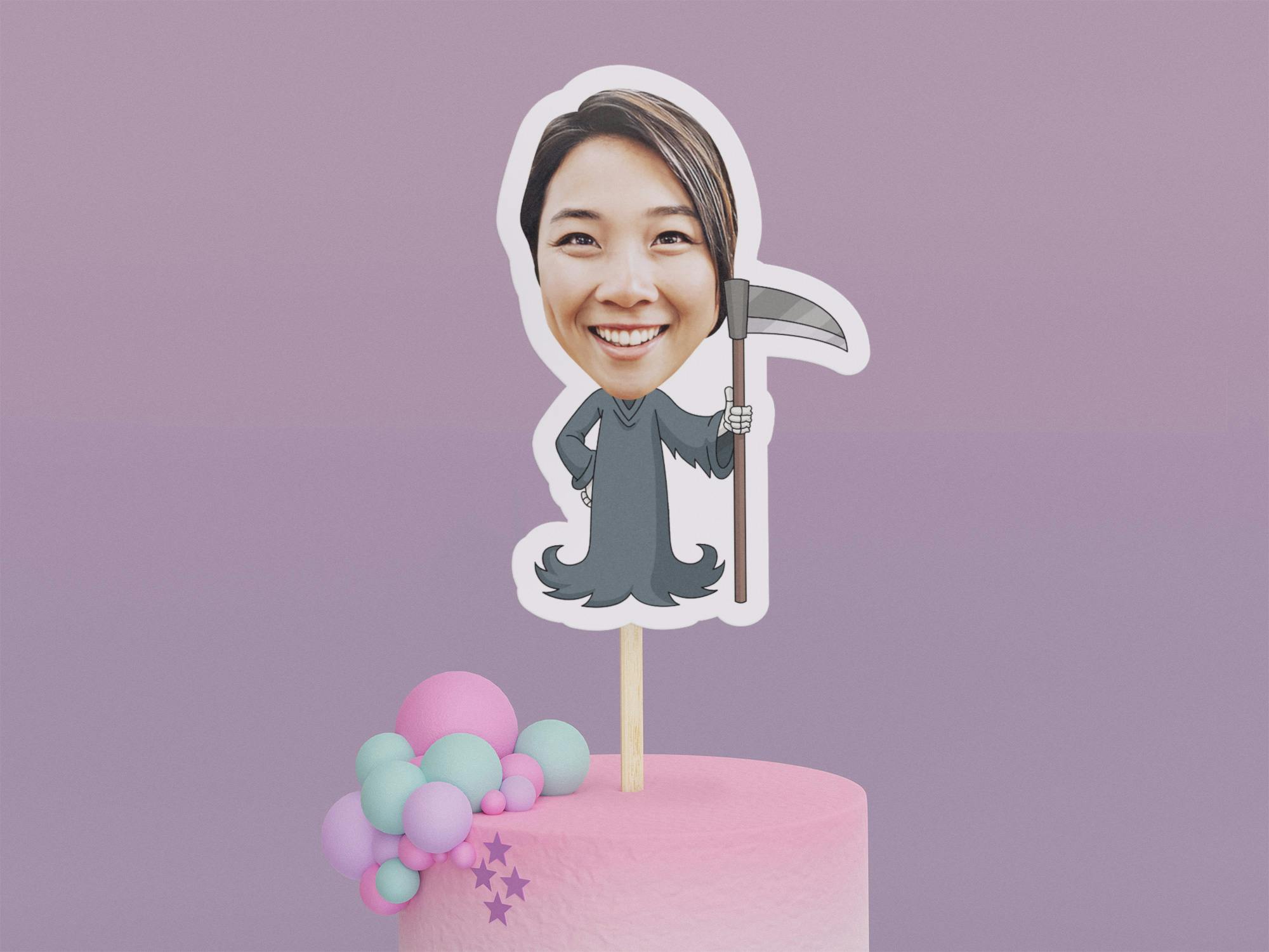 Cartoon Grim Reaper with Scythe to Side Cake Toppers - Custom Halloween Party Cake Toppers, Party Decoration