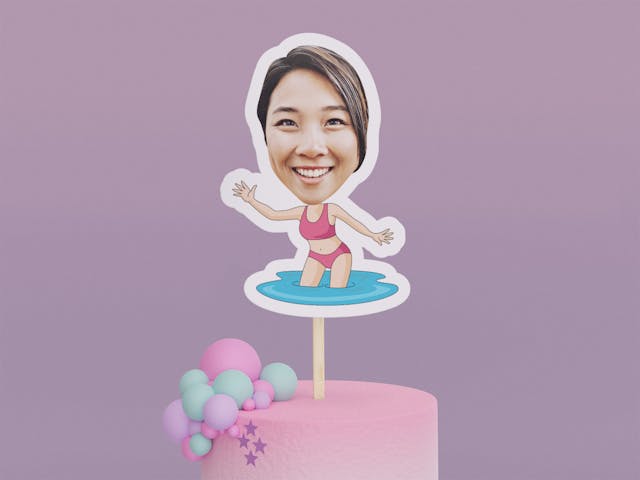 Cartoon Swimmer with Pink Swimsuit Cake Toppers - Custom Birthday Party Cake Toppers, Party Decoration