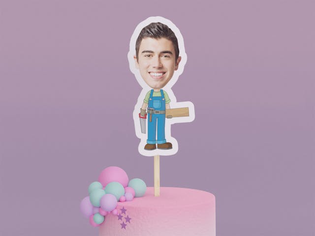 Cartoon Carpenter Holding Saw Cake Toppers - Custom Birthday Party Cake Toppers, Party Decoration