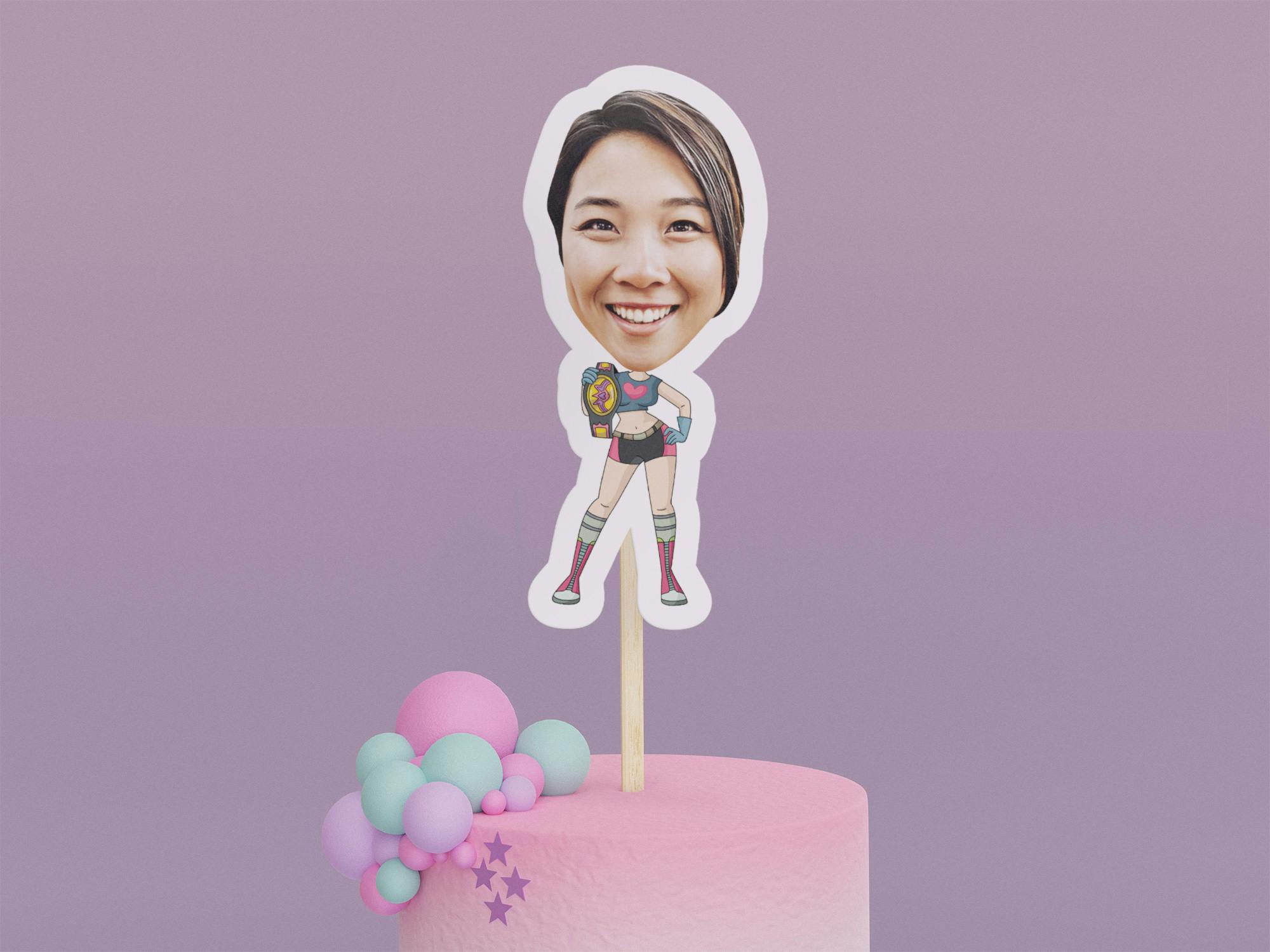 Cartoon Wrestler with Pink and Blue Uniform Cake Toppers - Custom Birthday Party Cake Toppers, Party Decoration