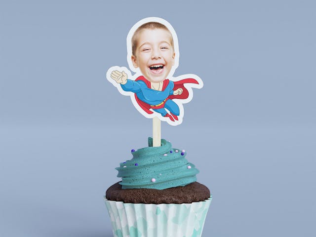 Cartoon Superhero with Cape Cupcake Toppers - Custom Birthday Party Cupcake Toppers, Party Decoration, Donut Cake Muffin Topper