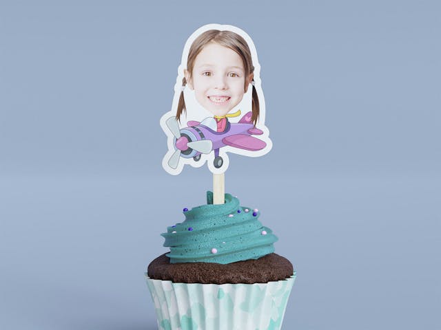 Cartoon Purple Plane Cupcake Toppers - Custom Birthday Party Cupcake Toppers, Aviation Airplane Party Decoration