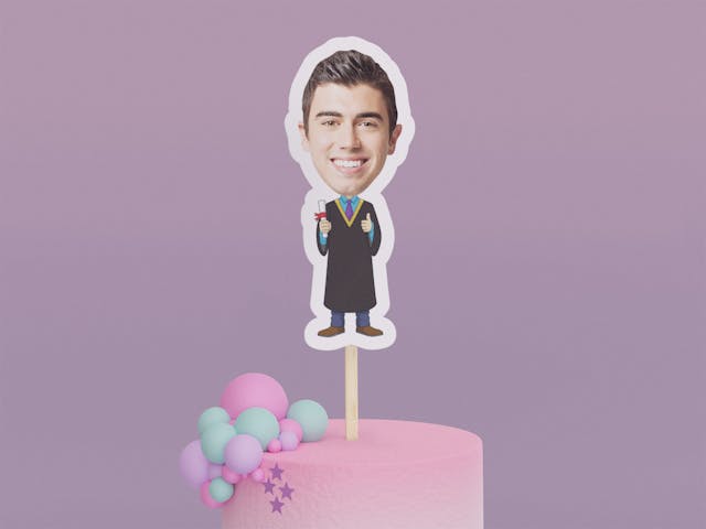 Cartoon Graduate with Blue Shirt Cake Toppers - Custom Birthday Party Cake Toppers, Party Decoration