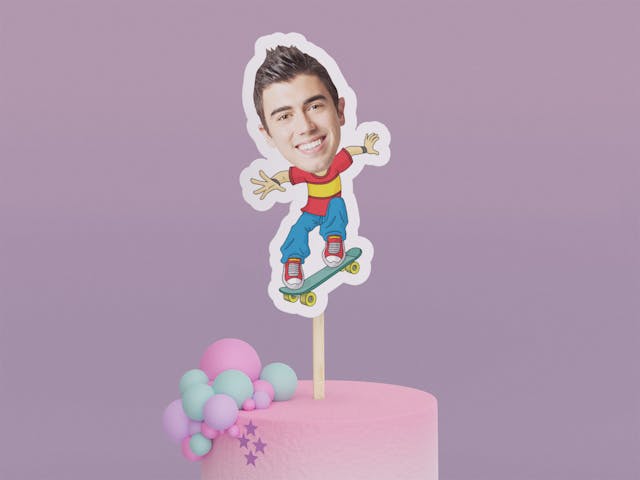 Cartoon Skateboarder with Green Board Cake Toppers - Custom Birthday Party Cake Toppers, Party Decoration