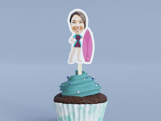 Cartoon Surfer with Pink Board Cupcake Toppers - Custom Birthday Party Cupcake Toppers, Party Decoration, Donut Cake Muffin Topper