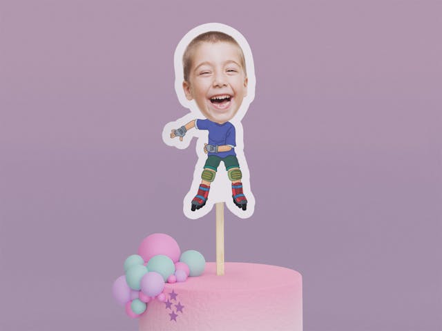 Cartoon Rollerblader with Blue Shirt Cake Toppers - Custom Birthday Party Cake Toppers, Party Decoration