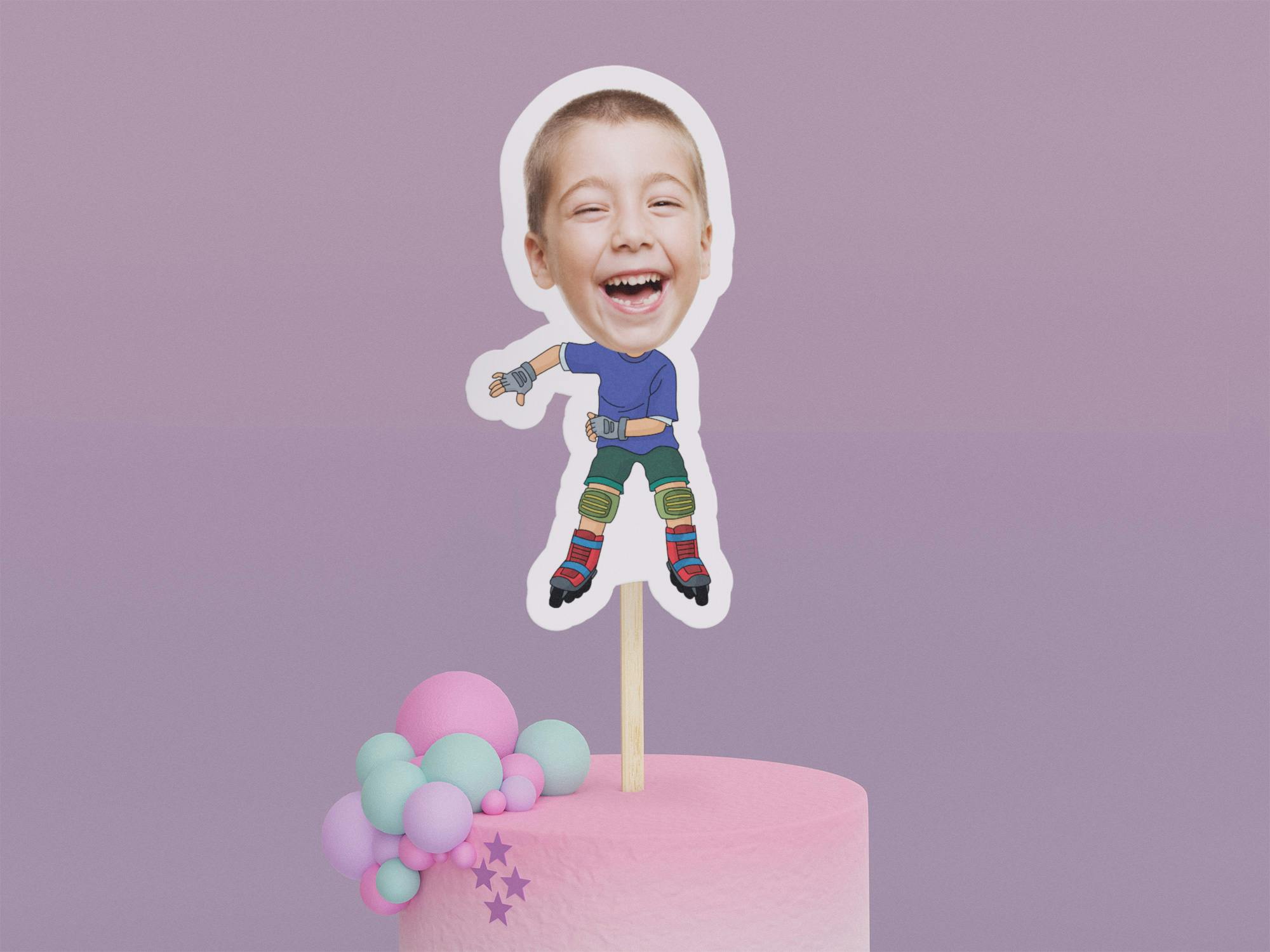 Cartoon Rollerblader with Blue Shirt Cake Toppers - Custom Birthday Party Cake Toppers, Party Decoration