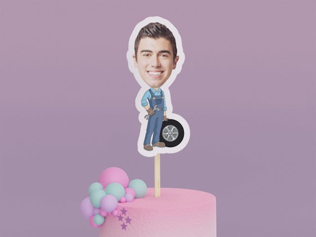 Cartoon Mechanic Leaning on Tire Cake Toppers - Custom Birthday Party Cake Toppers, Party Decoration