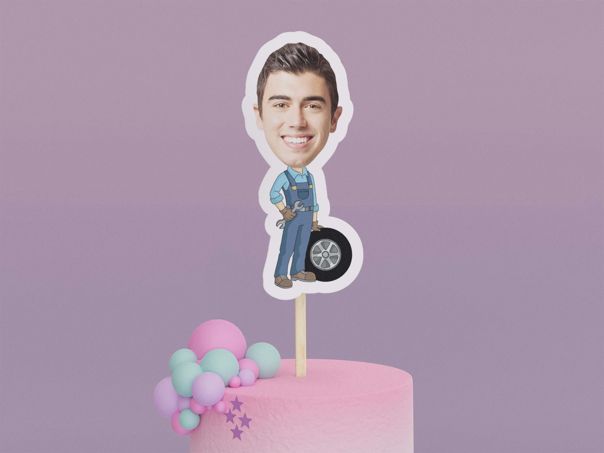 Cartoon Mechanic Leaning on Tire Cake Toppers - Custom Birthday Party Cake Toppers, Party Decoration